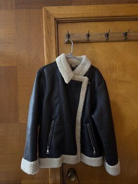 Express Black Faux Leather Jacket with Cream Sherpa Trim